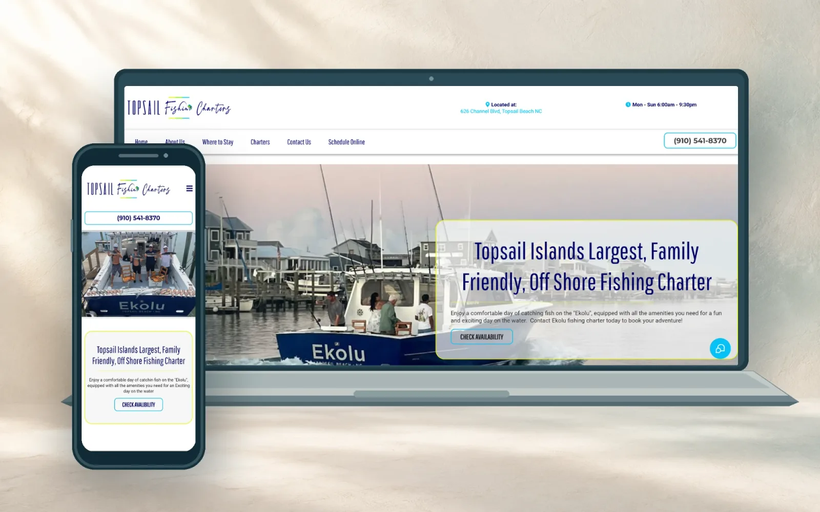 The Topsail Fishin Charters website on a laptop and a phone, showing the Ekolu and the headline about family-friendly offshore fishing